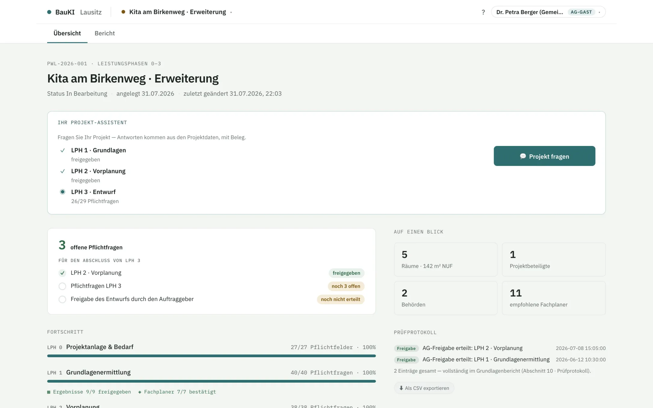 Ansicht des Auftraggeber-Zugangs mit Status, Fortschritt und Berichten