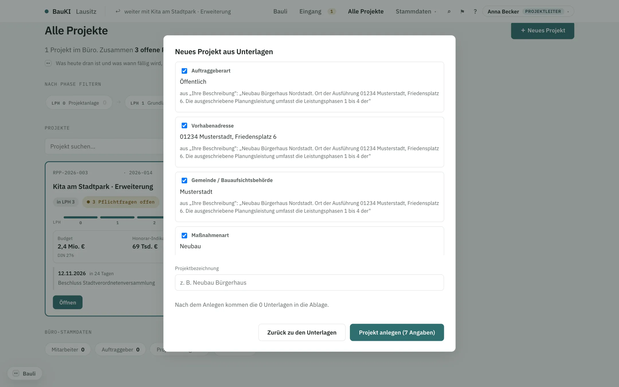 Dialog Neues Projekt aus Unterlagen mit vorgeschlagenen Angaben und wörtlicher Fundstelle