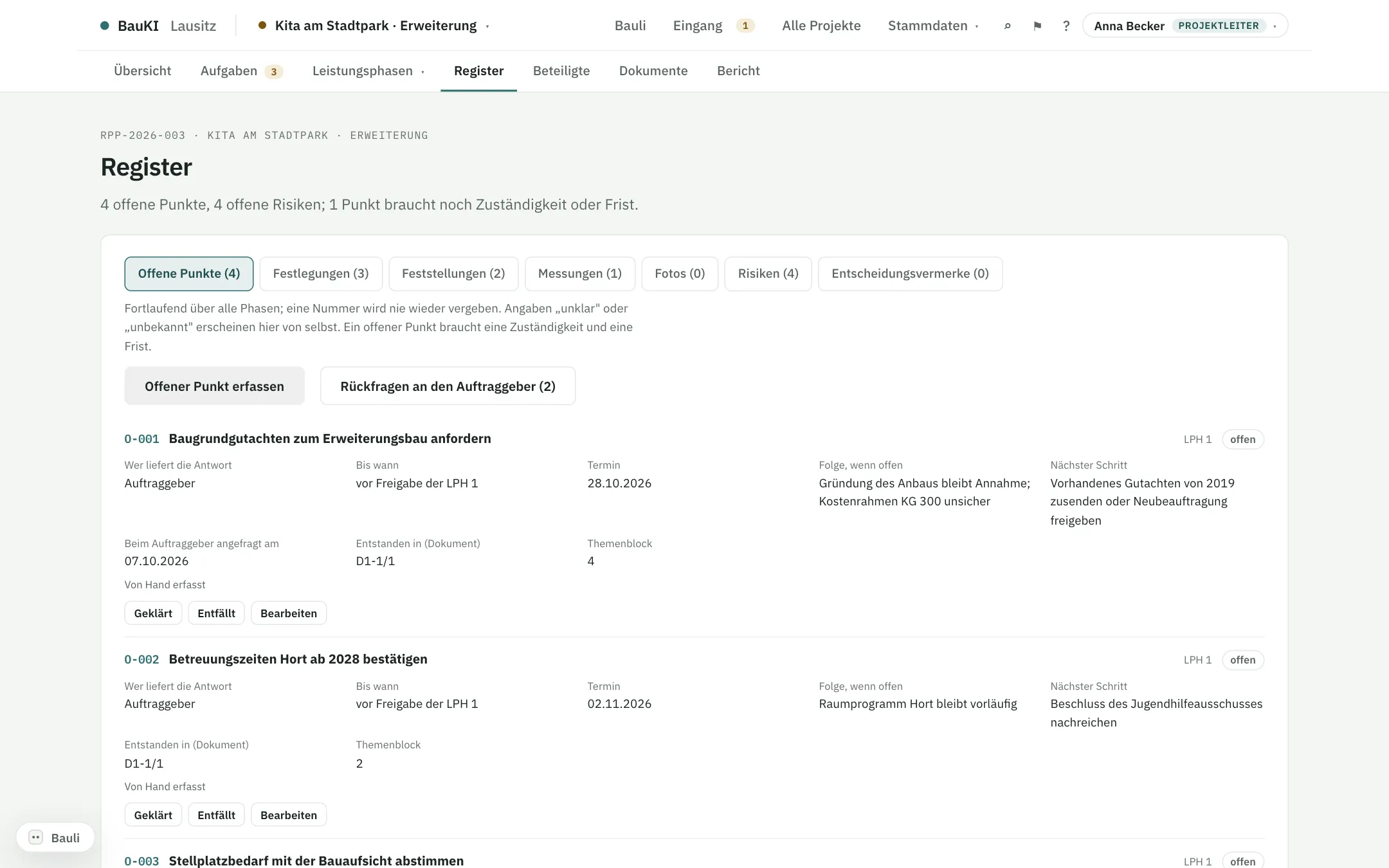 Register eines Projekts mit Reitern je Nummernkreis und offenen Punkten mit Zuständigkeit und Termin
