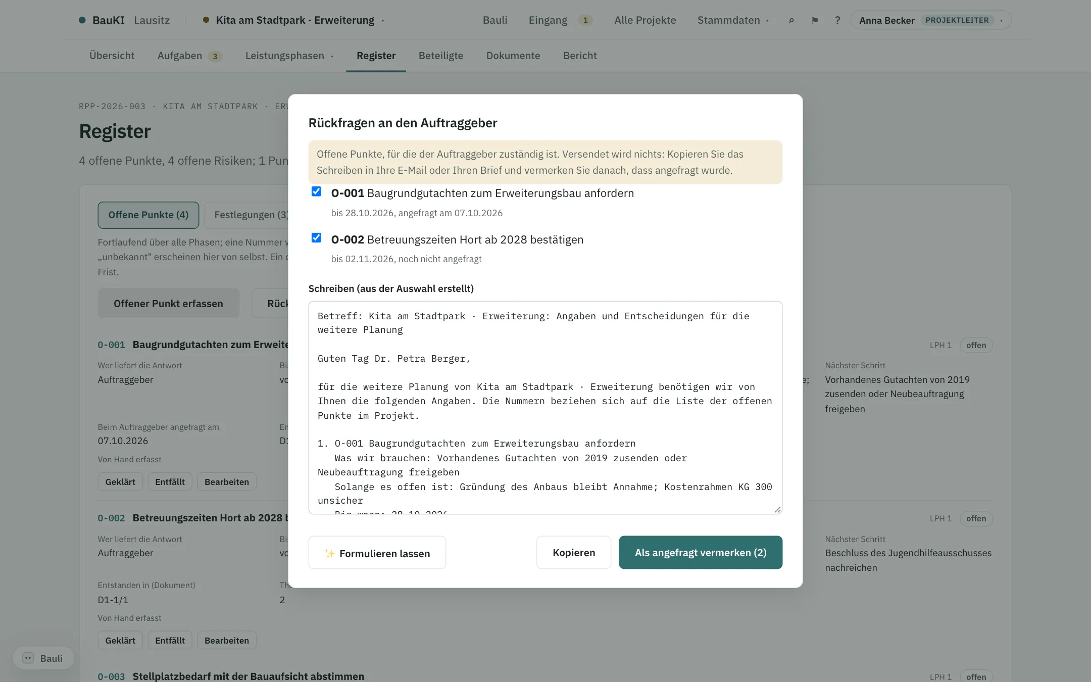 Rückfragen an den Auftraggeber: Schreiben aus den offenen Punkten O-001 und O-002